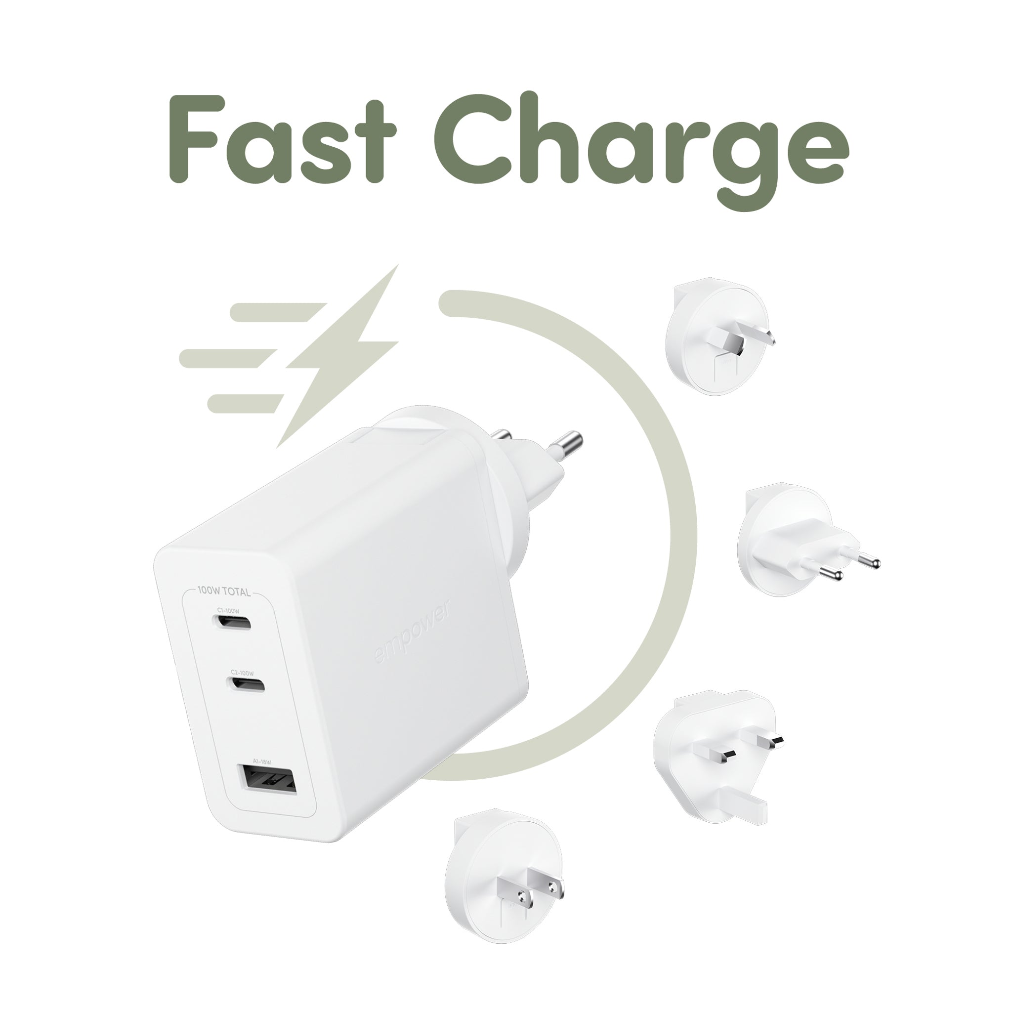 empower™ by PanzerGlass® Turbo 100W World Travel Adaptor incl. 2 x USB-C + USB-A | Silver White